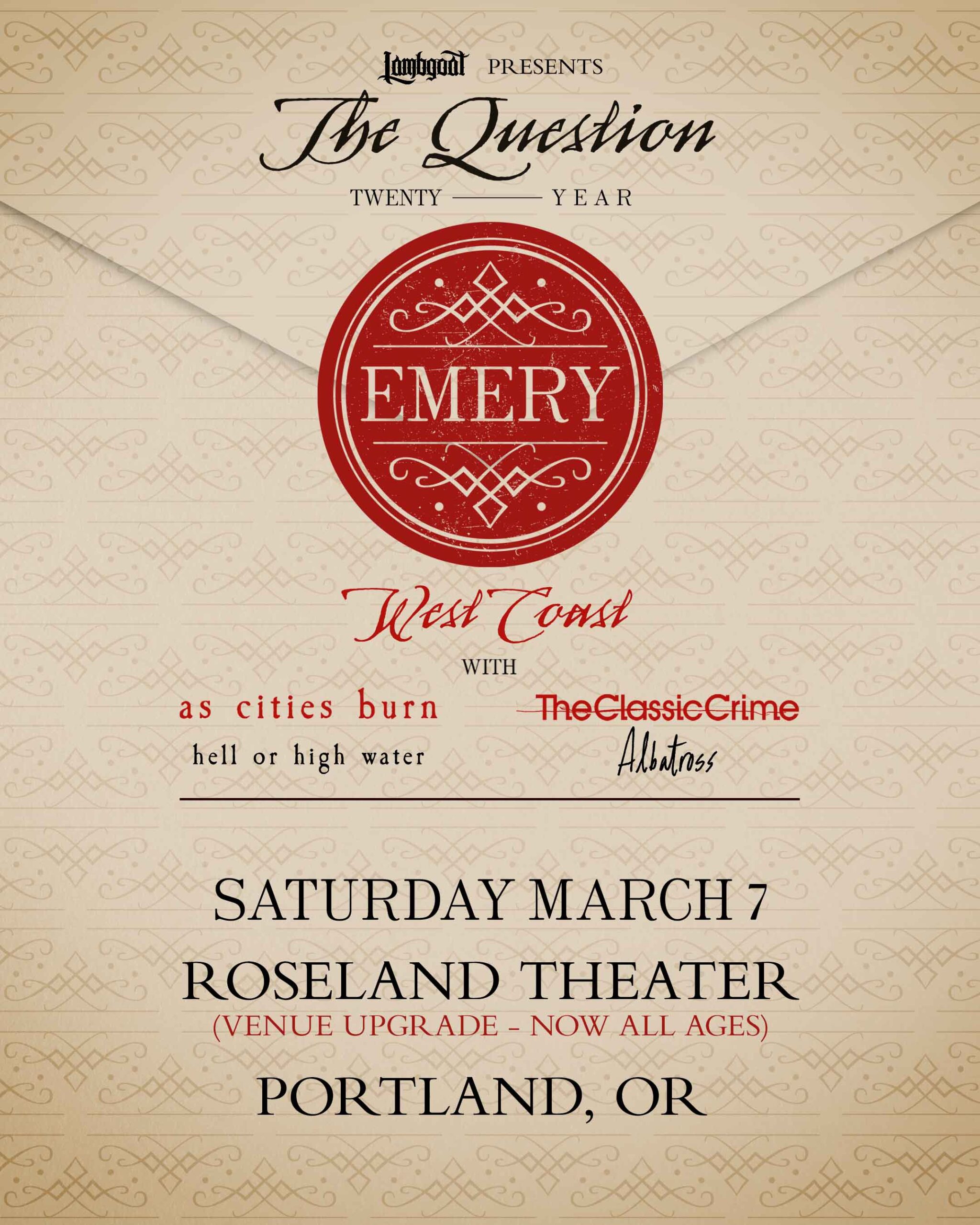 Emery — 20th anniversary of The Question *MOVED FROM HAWTHORNE THEATRE*